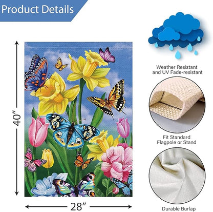 Louise Maelys Spring Garden Flag 28x40 Double Sided Vertical, Burlap Large Butterfly Floral Flower Welcome Yard House Outside Outdoor Summer Decoration