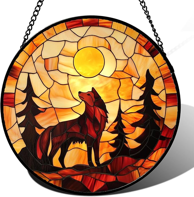 CHATYOUNG Stained Glass Window Hanging Orange Night Moon Wolf Trees Large 15" - Suncatcher Door Garden Sunroom Sun Catcher Home Decor Birthday Christmas for Mom Men Woman Nana Friend
