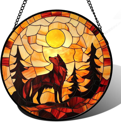 CHATYOUNG Stained Glass Window Hanging Orange Night Moon Wolf Trees 7.8" - Suncatcher Door Garden Sunroom Sun Catcher Home Decor Birthday Christmas for Mom Men Woman Nana Friend
