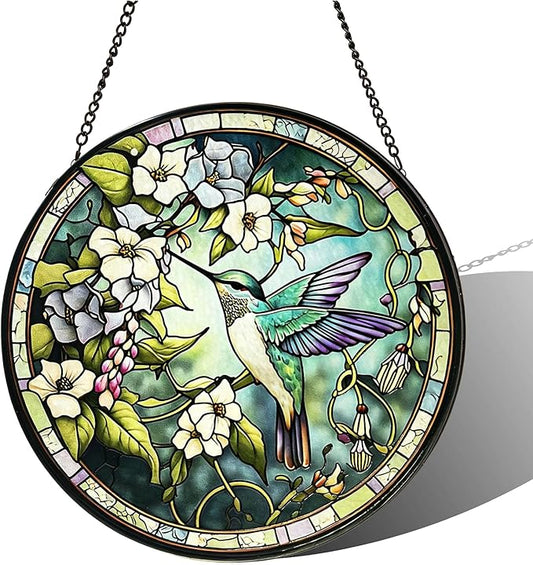 Stained Glass Sun Catcher,Fly HummingbirdStained Glass Window Hanging Garden Decor,Sun Catchers Indoor Window,Whimsical Decoration for Home Backyard Patio Lawn Porch with 7.9 INCH