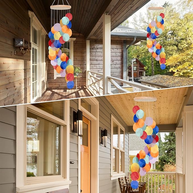 Seashell Wind Chimes for Outside - Handcrafted Colorful Spiral Shape Capiz Shells Windchime Coastal Style Decor for Indoor/Outdoors, Garden & Beach Hanging Decor for Wind Chimes Lovers and More