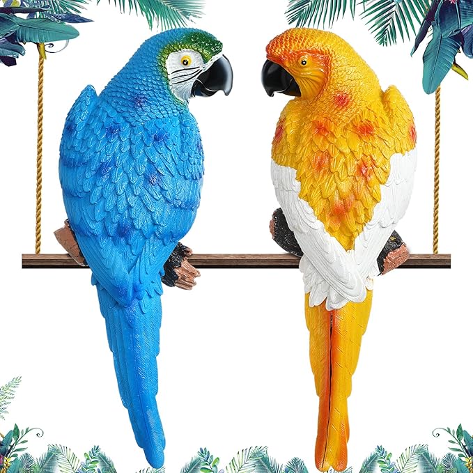 Jetec Parrot Decor Outdoor Tiki Bar Decor Large Realistic Parrot Statues Outside Lifelike Bird Sculptures Garden Patio Yard Lawn Figurines for Tropical Animal Tree Wall(2 Pcs,Blue, Yellow)