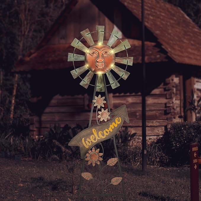 TERESA'S COLLECTIONS Garden Decor with Solar Outdoor Lights, Wind Spinner Yard Art Sign for Outside, 26'' Bronze Metal Sun Face Windmill Decorative Garden Stake for Lawn Ornaments, Gifts for Mom