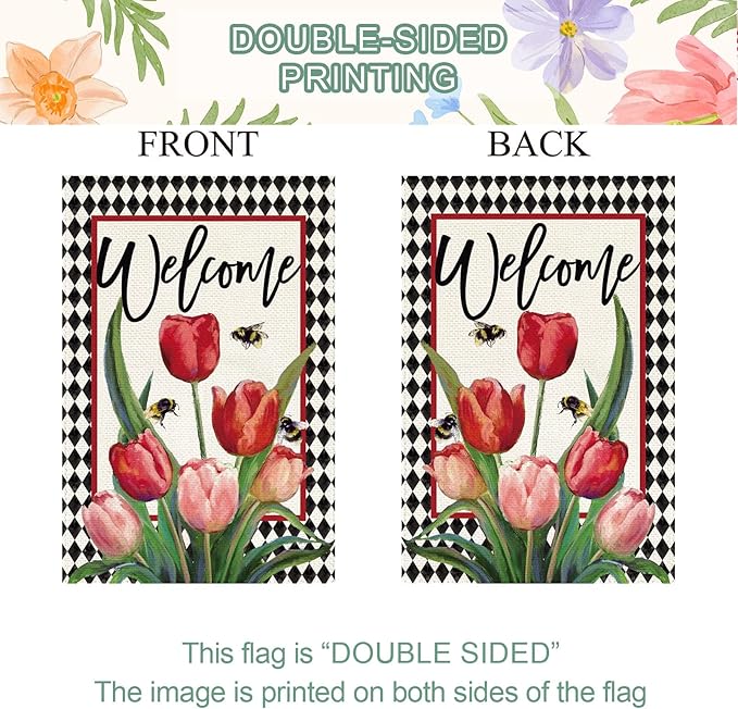 Baccessor Spring Easter Tulip Welcome House Flag 28 x 40 Inch Double Sided Burlap Spring Flowers Floral Buffalo Plaid Large Yard Flag Summer Holiday Seasonal Outdoor Outside Decoration