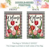 Baccessor Spring Easter Tulip Welcome House Flag 28 x 40 Inch Double Sided Burlap Spring Flowers Floral Buffalo Plaid Large Yard Flag Summer Holiday Seasonal Outdoor Outside Decoration