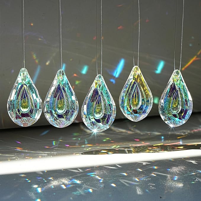 HDCRYSTALGIFTS 12pcs Suncatcher Crystal 50mm AB Loquat Shape Chandelier Parts Drops Prisms Hanging Crystal Sun Catchers,Colorful Glass Ornaments for Christmas Tree