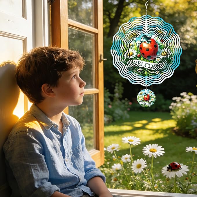 Metal Wind Spinners Outdoor - 3D Ladybug Wind Spinner Flower Yard Decor Kinetic Spinning Hanging Ornaments for Patio Lawn Garden Balcony Chicken Gifts for Women Men Mom Grandma Wife Friends
