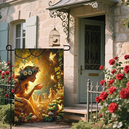 IVN Spring Fairy Garden Flag 12x18 Inch Double Sided Enchanted Forest Flag with Flower Crown Fairy and Glowing Fairies Fantasy Yard Decor for Outdoor Lawn Porch or Seasonal House Decoration