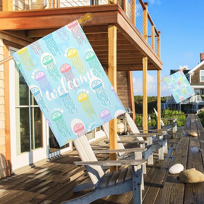 Mugod Jellyfish House Flag 28x40 Inch Double Sided Outside, Welcome Summer Sea Ocean Party Holiday Burlap Yard Garden Outdoor Decoration