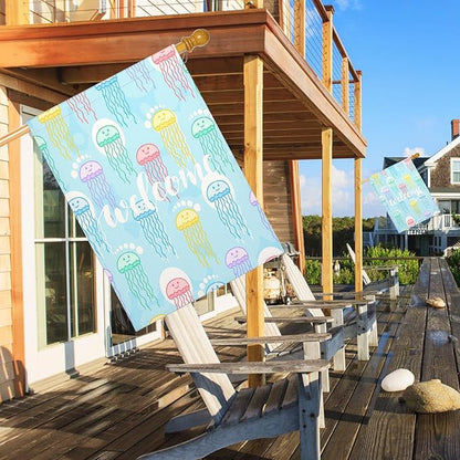 Mugod Jellyfish House Flag 28x40 Inch Double Sided Outside, Welcome Summer Sea Ocean Party Holiday Burlap Yard Garden Outdoor Decoration