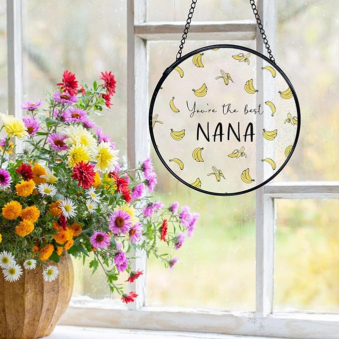 Nana Banana Gifts, Nana Banana Suncatchers Stained Glass Window Hanging, Nana Gifts for Mother's Day, Grandma Gift from Grandkids Sun Catchers Indoor Window, 7.9x7.9in