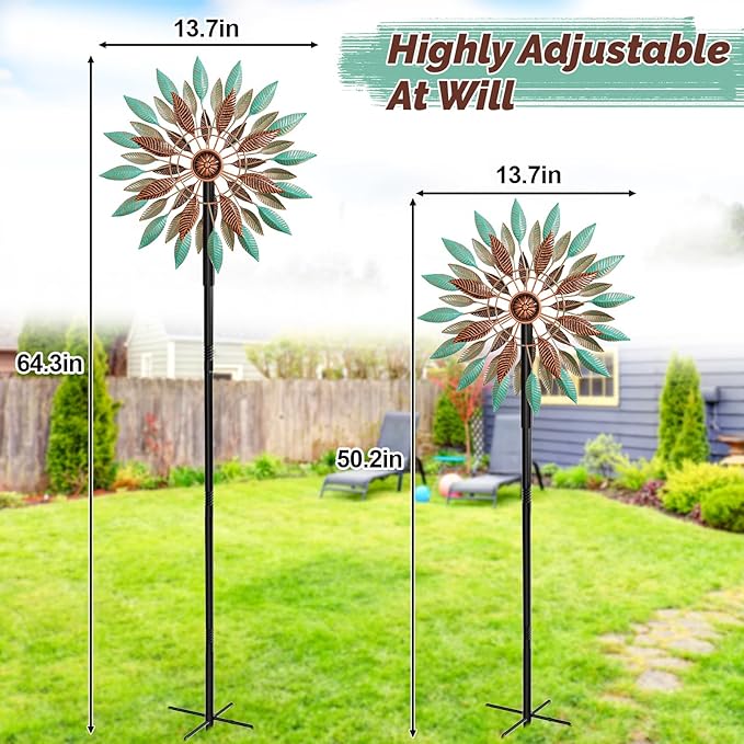 Wind Spinners Outdoor, 360° Metal Windmills for Yard Garden Art Decor, Kinetic Wind Sculptures with 5 Stake for Lawn Patio Outside Ornaments, 13.7" W x 64.3" H (Green+Brown)