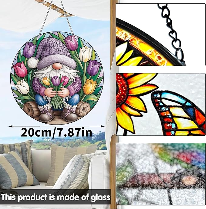 VAIIEYO Gnome Sun Catcher Stained Glass Window Hanging Ornament, Handmade Sun Catcher Spring Tulips Decoration with Hooks for Window Garden Home, Mother's Day & Birthday Housewarming Gift (7.8 inch)