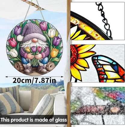 VAIIEYO Gnome Sun Catcher Stained Glass Window Hanging Ornament, Handmade Sun Catcher Spring Tulips Decoration with Hooks for Window Garden Home, Mother's Day & Birthday Housewarming Gift (7.8 inch)
