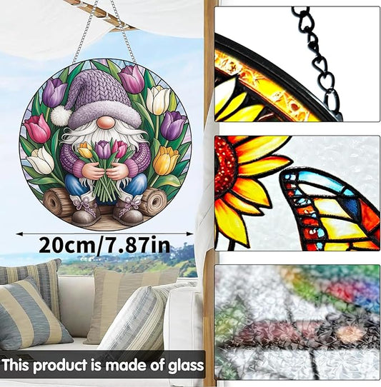 VAIIEYO Gnome Sun Catcher Stained Glass Window Hanging Ornament, Handmade Sun Catcher Spring Tulips Decoration with Hooks for Window Garden Home, Mother's Day & Birthday Housewarming Gift (7.8 inch)