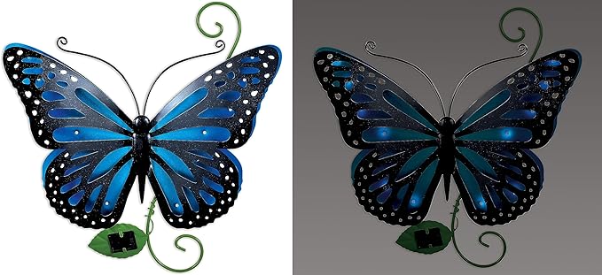 Sunset Vista Designs 94454 Outdoor Metal Sculpture Solar Lights Collection Hanging Yard and Garden Art for Fence or Wall, 17", Butterfly - Blue
