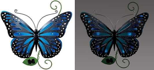 Sunset Vista Designs 94454 Outdoor Metal Sculpture Solar Lights Collection Hanging Yard and Garden Art for Fence or Wall, 17", Butterfly - Blue
