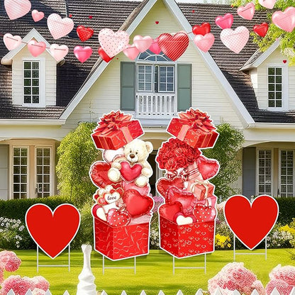 Yuntau 4 Pcs Valentine's Day Yard Signs Gift Box Outdoor Sign with Stakes Valentine Red Love Bear Heart Lawn for Holiday Pathway Lawn Stake Walkway Patio Party Wedding Anniversary Decor