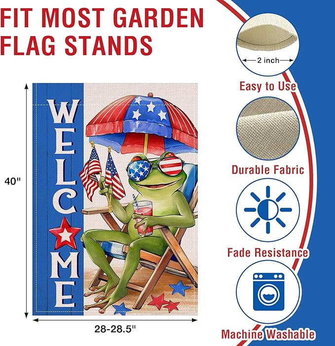 Artofy Welcome 4th of July Frog Large Decorative House Flag, Patriotic Beach Chair Sunshade America Yard Garden Outside Decor, Coastal American USA Burlap Outdoor Home Decoration Double Sided 28 x 40