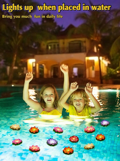 Hortsun 12 Pcs Floating Lotus Lights with Batteries Lily Pads Pool Flowers Floating Candles Decor Artificial Pond Plants Decorations for Pool Pond Outdoor Indoor (Multicolor,3.94 Inch)