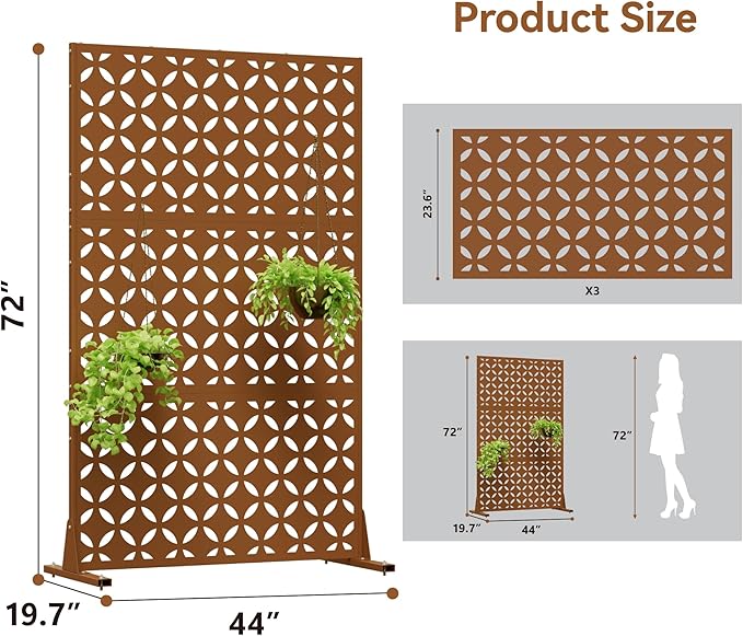 Metal Privacy Screen 72" H x 44" W, Outdoor Freestanding Privacy Screens, Patio Metal Fence Panels with Stand, Brown Screens for Outside Deck Balcony Garden and Indoor