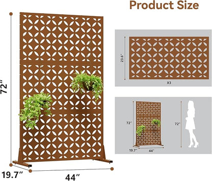 Metal Privacy Screen 72" H x 44" W, Outdoor Freestanding Privacy Screens, Patio Metal Fence Panels with Stand, Brown Screens for Outside Deck Balcony Garden and Indoor