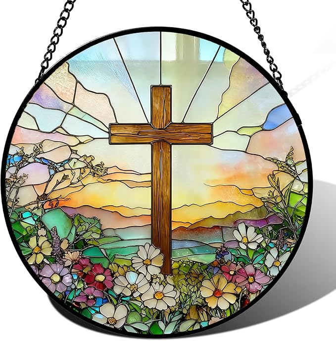 Stained Glass Window Hanging, Cross and Wildflowers Suncatcher for Window Doors Garden Home Decoration, Easter Glass Panel Ornaments for Women,Men,Wife, Lovers, and Mom, God's Promises Day Gift 7.8 in
