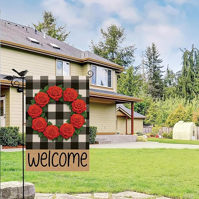 Buffalo Plaid Welcome Wreath Garden Flag Red Rose Flower Flag 12x 18 Inch Double Sided Spring Outdoor Fall Autumn Farmhouse Outdoor Small Decor for Porch Lawn Patio Yard