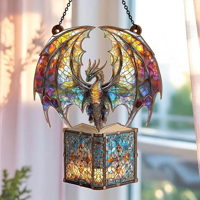 Jesuspirit - Window Hanging Suncatcher – Crystal Clear Acrylic & Wood Sun Catcher for Home Decor, for Women (I Am A Book Dragon, 6 Inches)