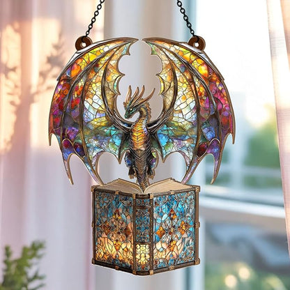 Jesuspirit - Window Hanging Suncatcher – Crystal Clear Acrylic & Wood Sun Catcher for Home Decor, for Women (I Am A Book Dragon, 6 Inches)