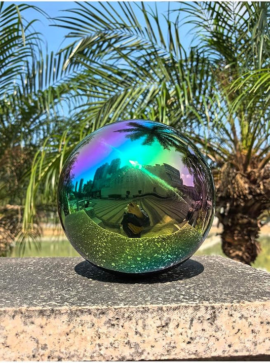 Gazing Ball for Garden Decor - 8-Inch Hollow Metal Sphere for Outdoor & Indoor Use, Patio, Yard, Flower Bed Accent Piece (Rainbow)