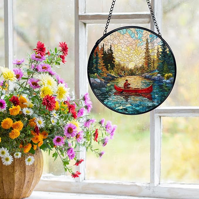 Lake Landscape Suncatchers Stained Glass Window Hanging, Nature Canoeing Man Lake Sun Catchers Indoor Window Glass Round Wall Decor, Lakehouse Wall Hanging Decorations, 7.9x7.9in