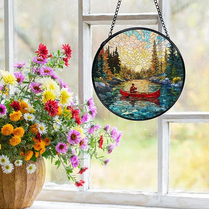 Lake Landscape Suncatchers Stained Glass Window Hanging, Nature Canoeing Man Lake Sun Catchers Indoor Window Glass Round Wall Decor, Lakehouse Wall Hanging Decorations, 7.9x7.9in