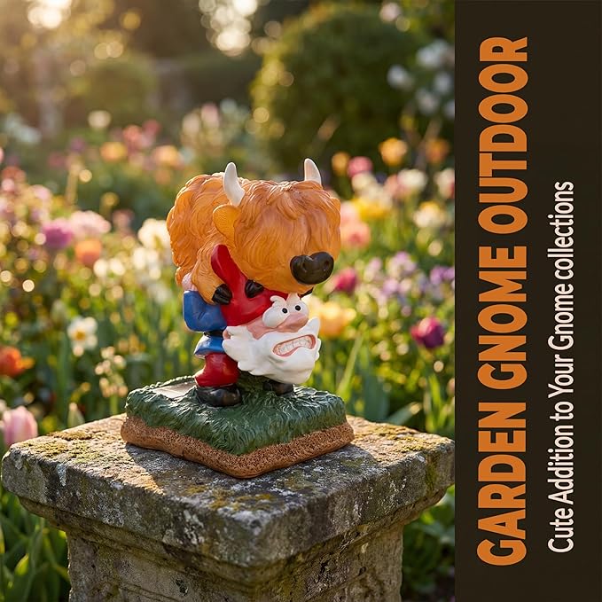 Garden Gnome Statue Highland Cow Gift,Yard Patio Balcony Outdoor Decor Solar Light Figurine, Christmas, Housewarming, Idea Gift for Mom, Neighbor,Gnome Lover