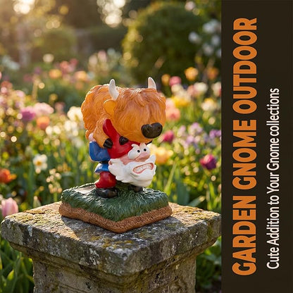 Garden Gnome Statue Highland Cow Gift,Yard Patio Balcony Outdoor Decor Solar Light Figurine, Christmas, Housewarming, Idea Gift for Mom, Neighbor,Gnome Lover