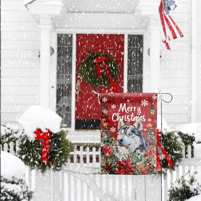 Christmas Husky Garden Flag Merry Christmas Dog Yard Flag for Outside Xmas Flags 12x18 Double Sided Red Poinsettia Garden Flags Winter Porch Decorations Outdoor