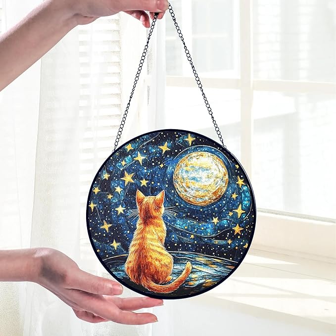 Orange Cat Stained Glass Suncatcher, Starry Night Orange Cat Lovers Gifts Window Hanging Garden Decor, Memorial Pet Loss Sympathy Gift Christmas Birthday for Grandma, Friends, Women