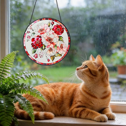 Stained Glass Window Hanging, Pink Flower Sun Catchers for Windows Hanging Ornaments, Garden Sun Catcher Panel Gifts for Flower Lover for Women, Mom, Grandma