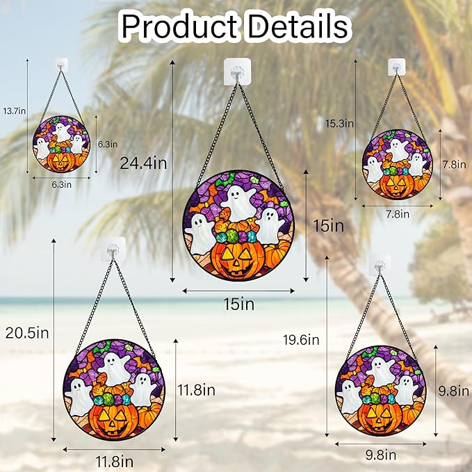 Stained Glass Window Hanging Halloween Horror Pumpkin White Ghost 11.8" - Suncatcher Door Garden Sunroom Gothic Style Sun Catcher Birthday for Friend Mom Men Woman Nana