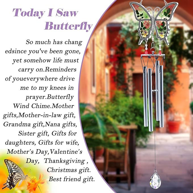 KY&BOSAM New Butterfly Wind Chime with Crystal Sympathy Wind Spinner Memorial Wind Chime for Loss of Loved One Prime Bereavement Sympathy Memorial Gift for Loss of Mother Father Gift Home Garden Decor