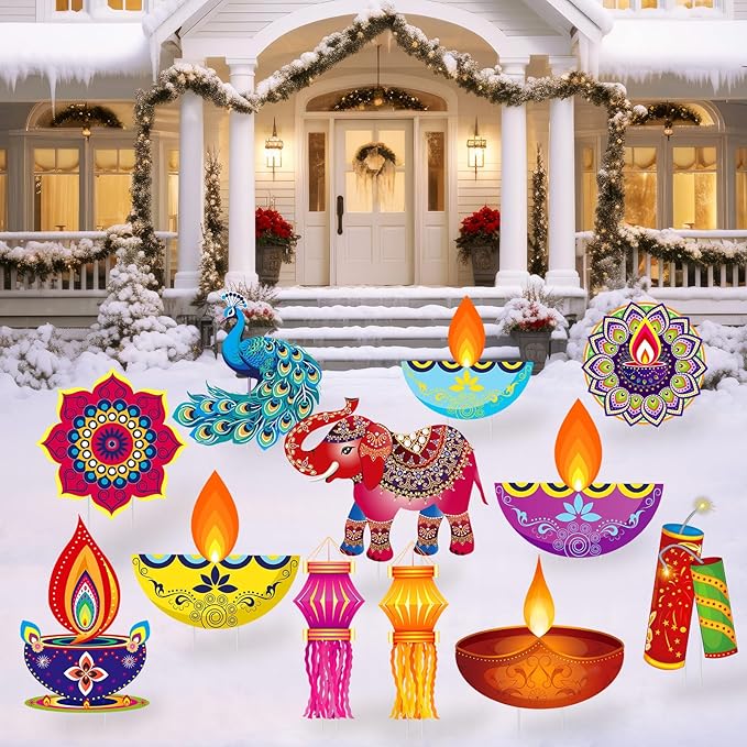 Amyhill 12 Pcs Happy Diwali Yard Sign Lawn Decor Lights Festival Party Signs Waterproof Happy Diwali Yard Outdoor Decorations with Stakes for Indian Lights Holiday Party Lawn Ornaments Decorations