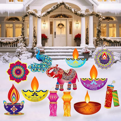 Amyhill 12 Pcs Happy Diwali Yard Sign Lawn Decor Lights Festival Party Signs Waterproof Happy Diwali Yard Outdoor Decorations with Stakes for Indian Lights Holiday Party Lawn Ornaments Decorations