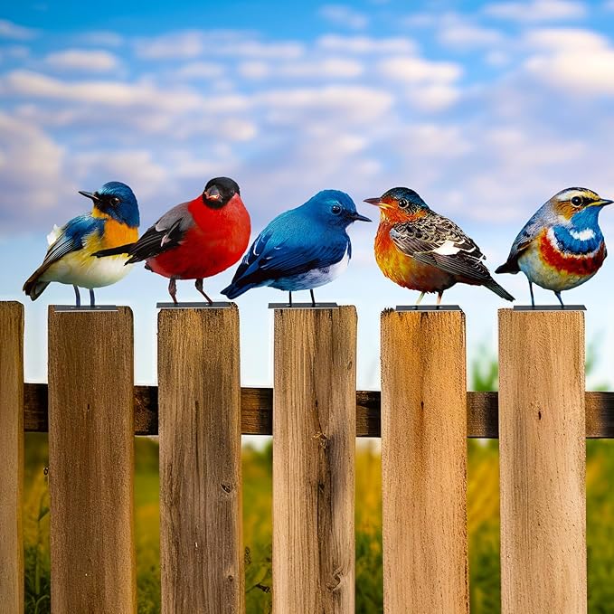5pcs Vivid Metal Birds Fence Decor Painted Outdoor Garden Bird 2D Sculptures Art Outdoor Sculptures Metal Statues for Yard Fences Outside Lawn Patio Balcony Patio Bird Lovers