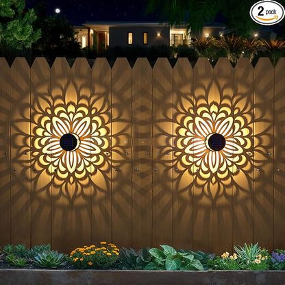 2 Pack Solar Fence Lights Metal Solar Powered Outdoor Wall Deck Step Lights Mandala Theme Waterproof Fence Light for Garden Post Patio Backyard Yard Decor, Gardening Gifts for Women Mom Grandma