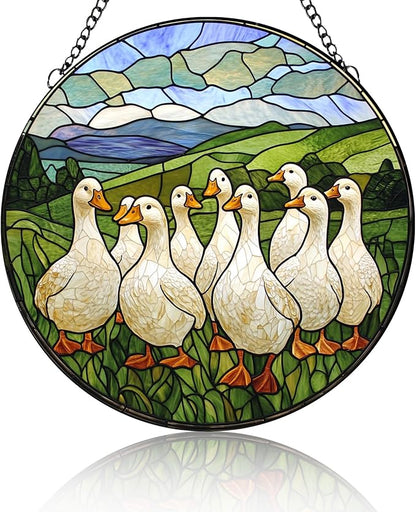 Stained Glass Window Hanging White Ducks Suncatcher Colored Glass Suncatcher for Indoor Garden Decoration Christmas Home Decor Gift for Women Men Wife Aunt and Mom 7.9in
