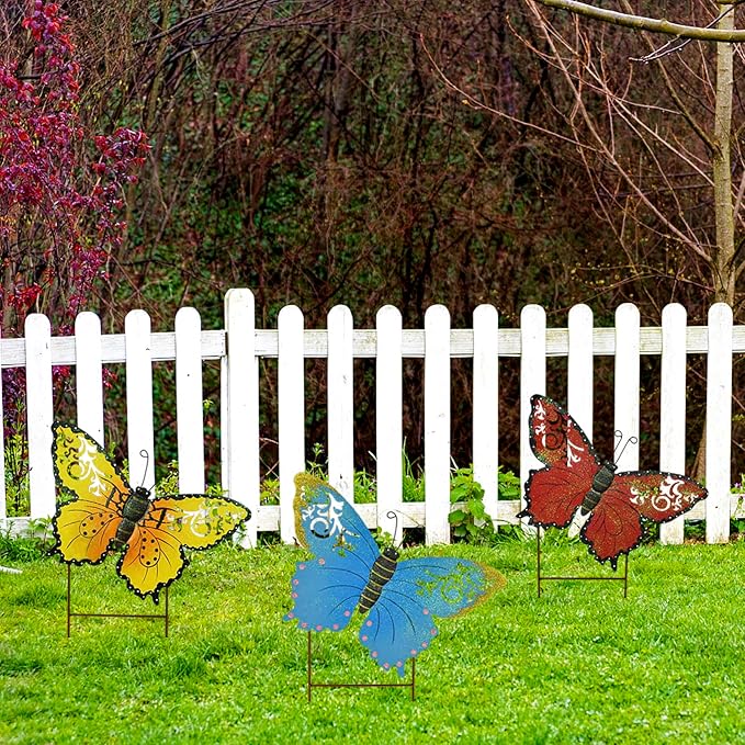 Aecipl Garden Decor Metal Butterfly Stakes Yard Sign Decorative Lawn Art Indoor Outdoor Plant Stake Patio Porch Pathway Backyard Decoration (Red)