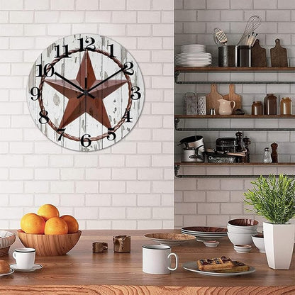 15 Inch Decorative Wall Clock Western Texas Star Country Farmhouse Wood Clock Silent Non-Ticking Battery Operated Classic Wooden Desk Clock for Home School Living Room Decoration Home Accent