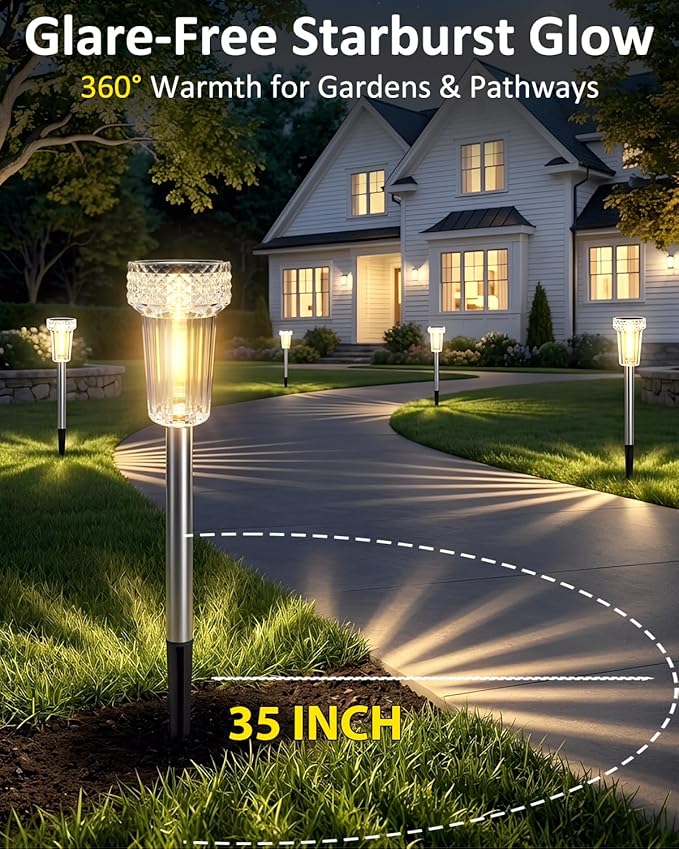 DERAYSION Solar Lights Outdoor, 8 Pack Solar Pathway Lights Dusk-to-Dawn Garden Lighting, Waterproof LED Stainless Steel Pole, Outdoor Solar Lights for Path Walkway Yard Driveway Decor - Warm White