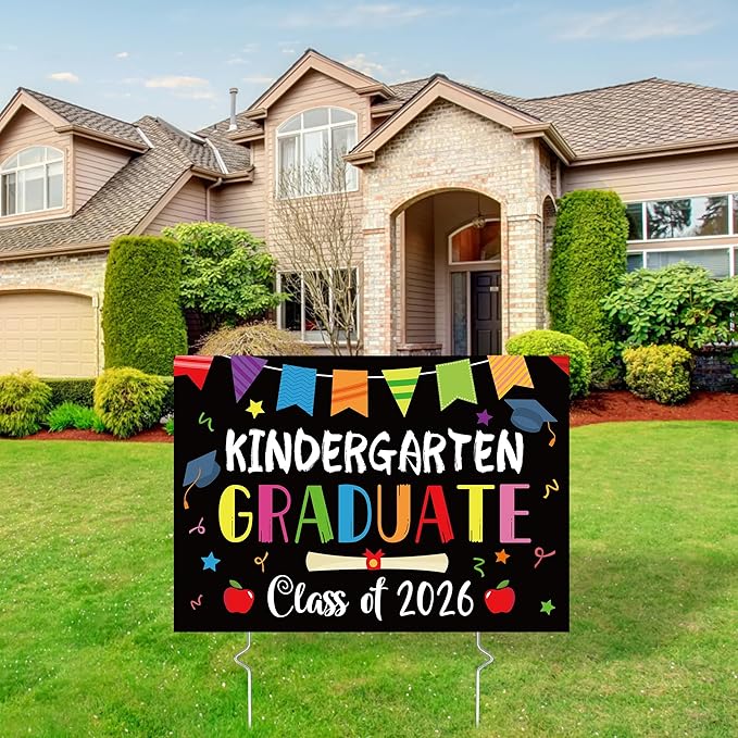 Kindergarten Grad Yard Sign Class of 2026 Preschool Graduate Lawn Sign with Stake School Congrats Graduation Decorations Colorful Graduation Party Favors Supplies Outdoor Photo Booth Props for Kids
