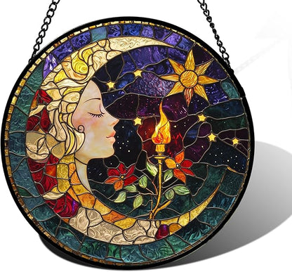 DASTOLL Stained Glass Window Hanging, Moon Goddess Torch Suncatcher Diamond Glass Panel Hangings Dream Sun Catchers Decor for Birthday for Women, Men, Wife, Aunt, and Mom 6.3 in